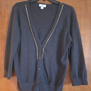 Loft Dark Gray Rhinestone Embellished Cardigan Sweater Size Medium